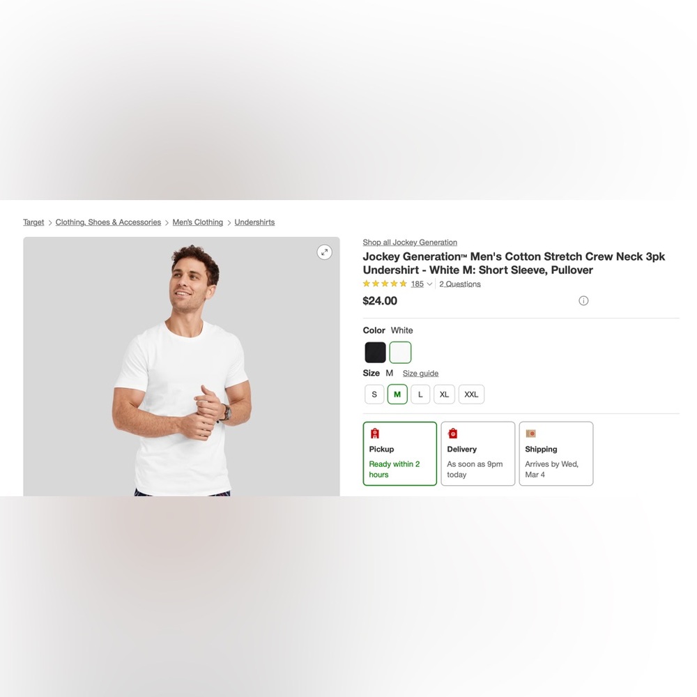 Jockey Generation Men's Cotton‎ Stretch Crew Neck T-shirts L White 3 Pack NEW